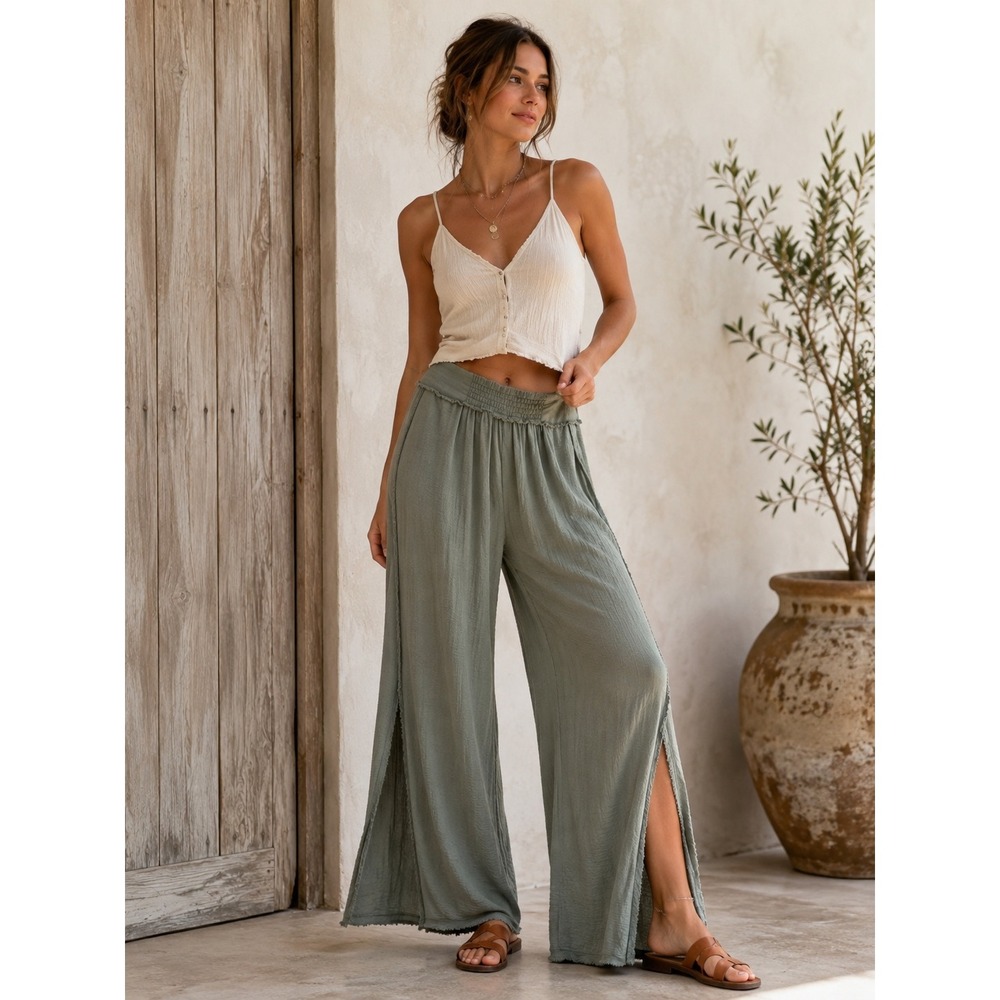 Free People Gauze Wide Leg Side Slit Pants Sage Green Size XS Boho Relaxed